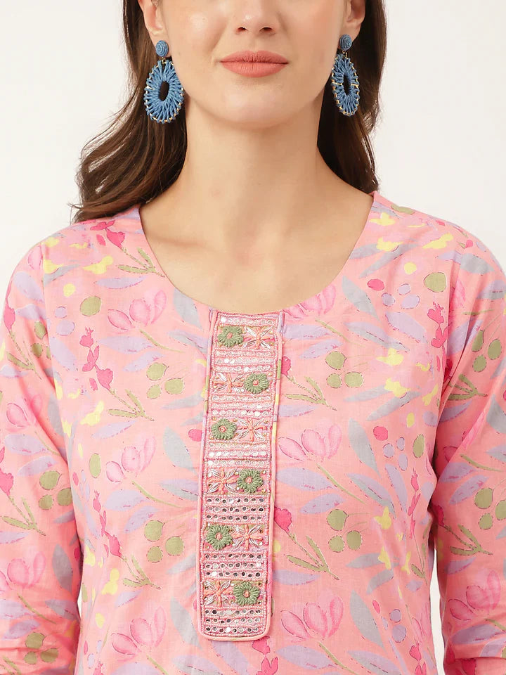 Pink Floral Print Cotton Kurta, Trouser With Dupatta