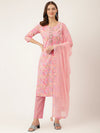 Pink Floral Print Cotton Kurta, Trouser With Dupatta