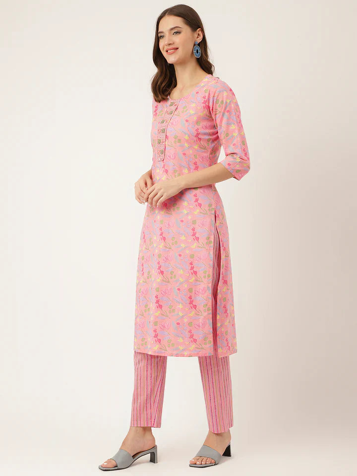 Pink Floral Print Cotton Kurta, Trouser With Dupatta