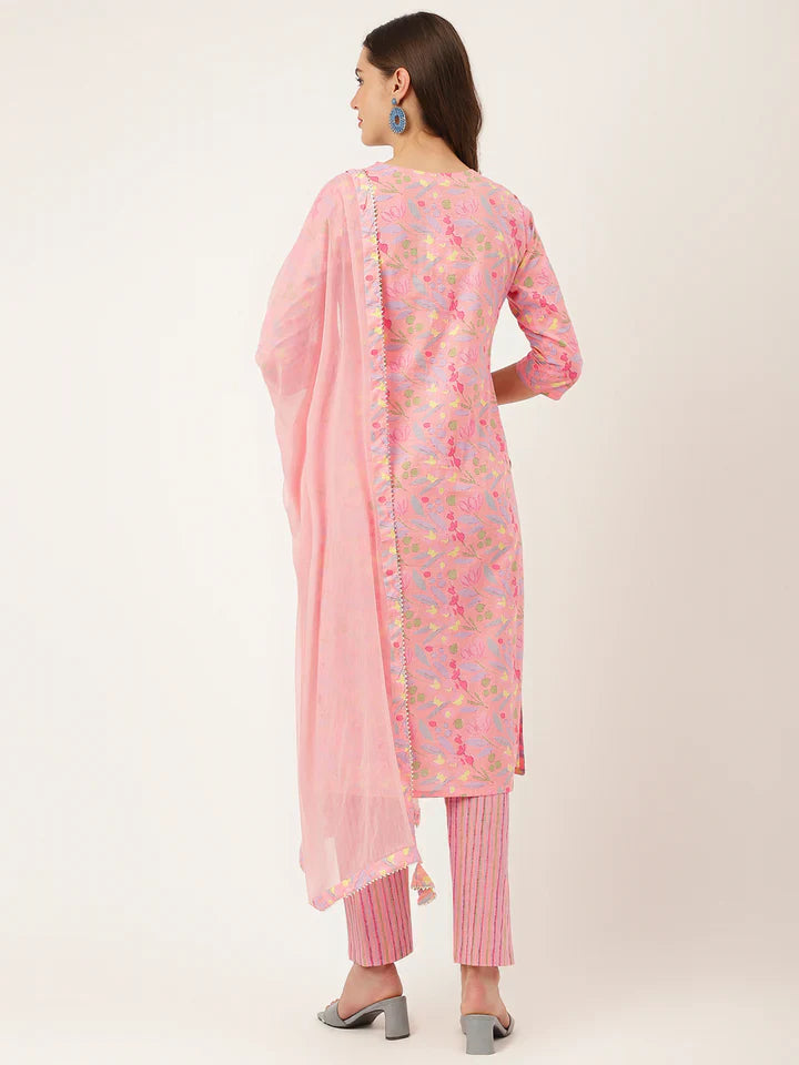 Pink Floral Print Cotton Kurta, Trouser With Dupatta