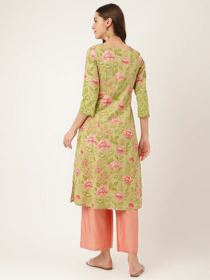 Green Floral Print Cotton A-Line Kurta