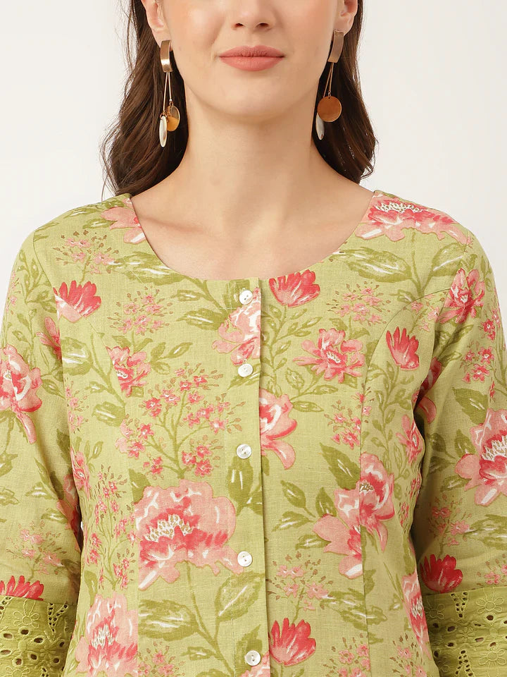 Green Floral Print Cotton A-Line Kurta