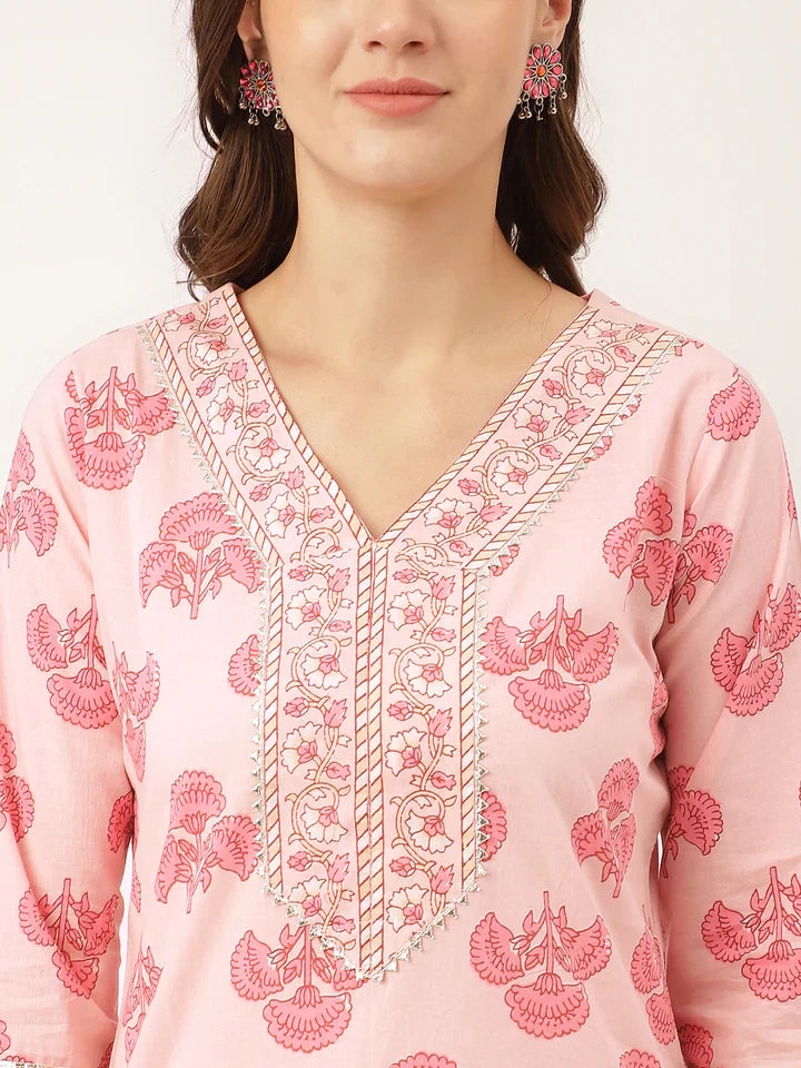 Pink Floral Print Cotton Kurta, Trouser & Dupatta