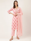 Pink Floral Print Cotton Kurta, Trouser & Dupatta