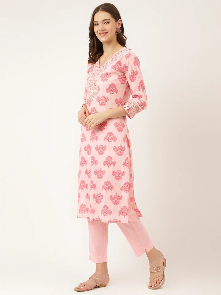 Pink Floral Print Cotton Kurta, Trouser & Dupatta