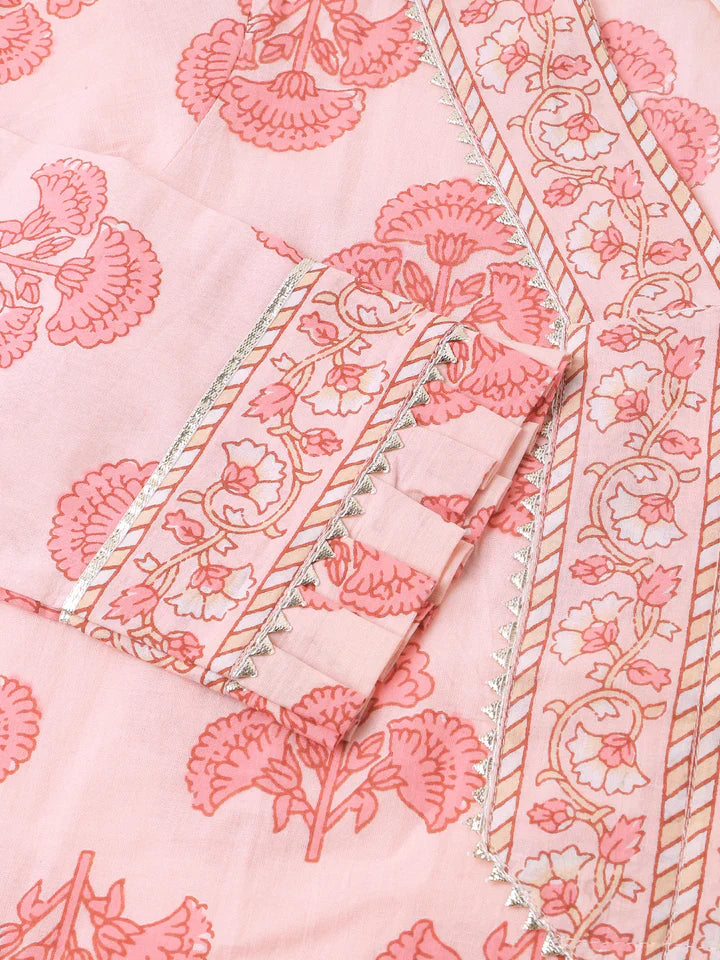 Pink Floral Print Cotton Kurta, Trouser & Dupatta