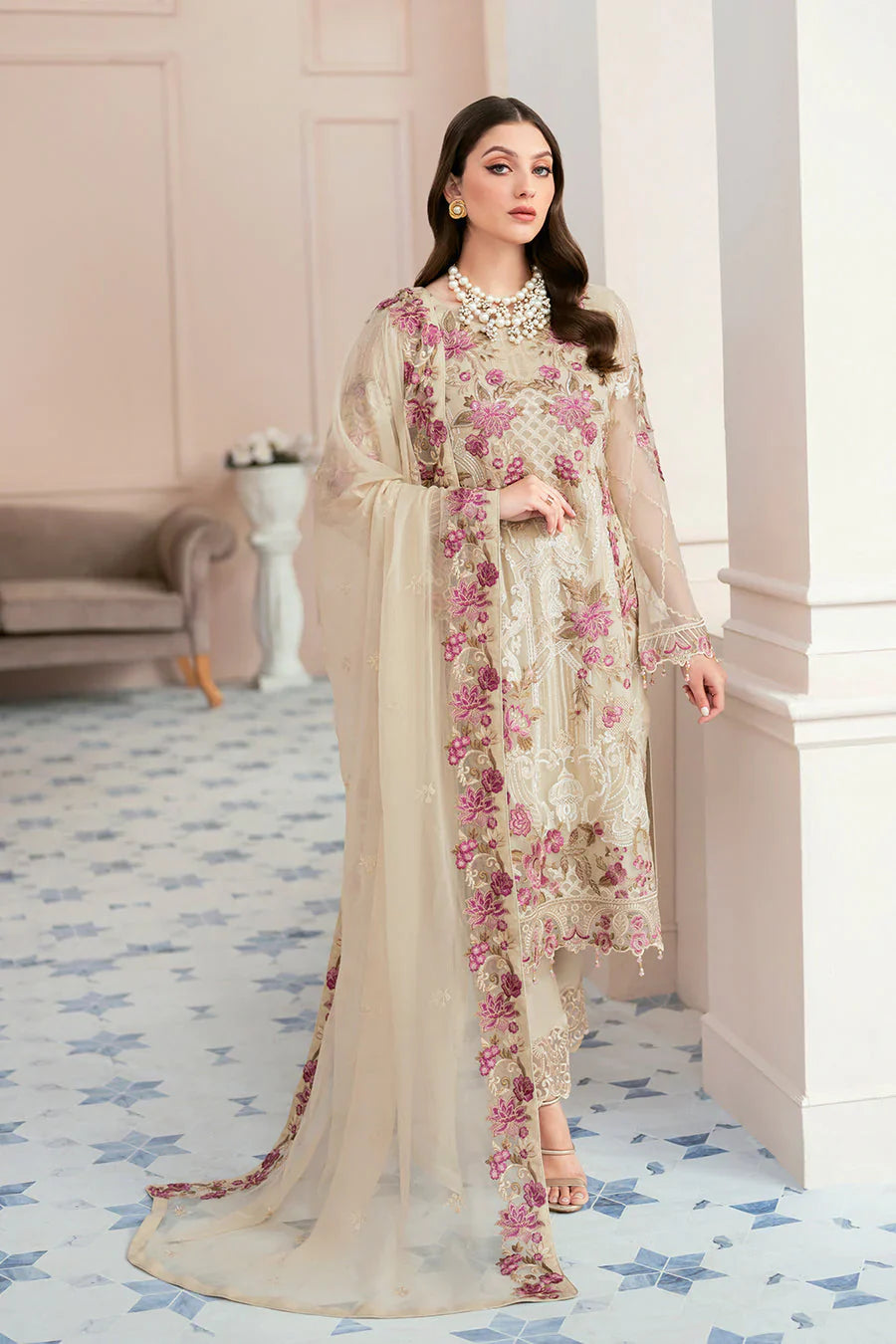 Elegant Beige Georgette Embroidered Dress Material with Dupatta For Women
