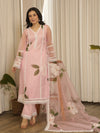 Lace Detail Pink Straight Kurta Set with Trousers and Dupatta