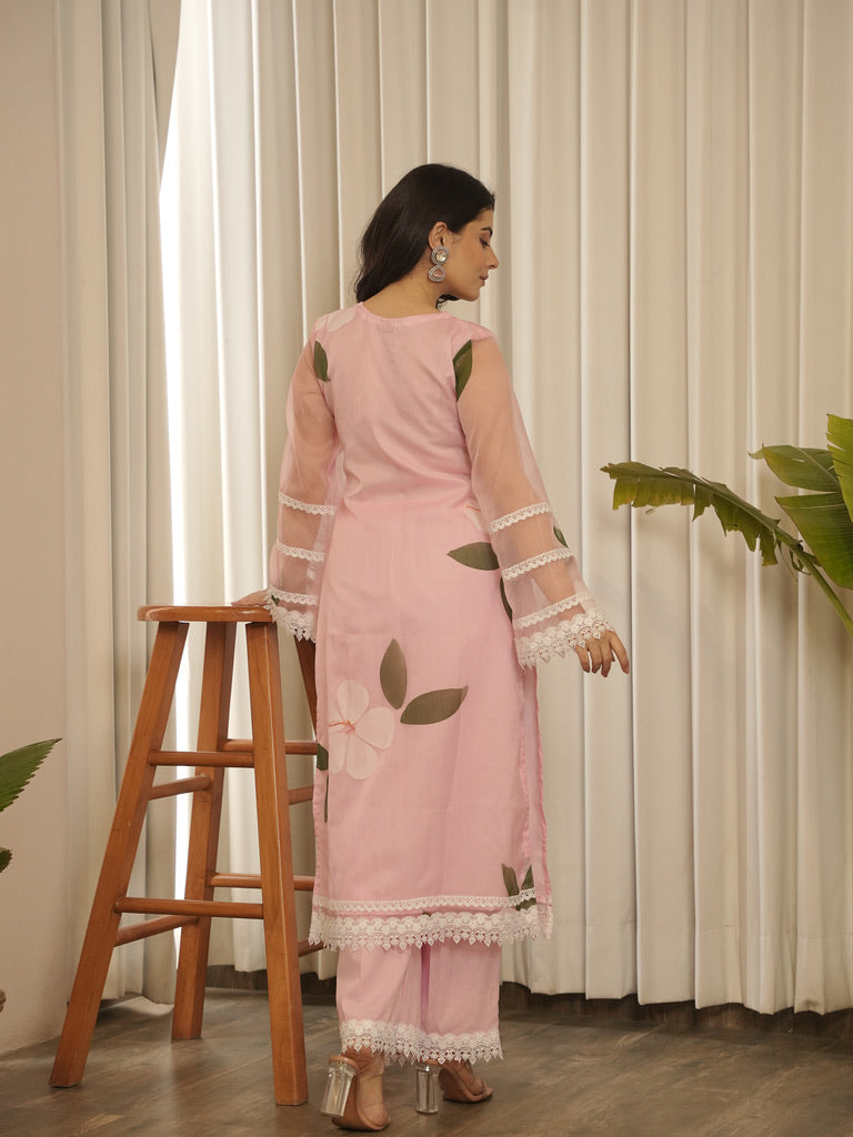 Lace Detail Pink Straight Kurta Set with Trousers and Dupatta