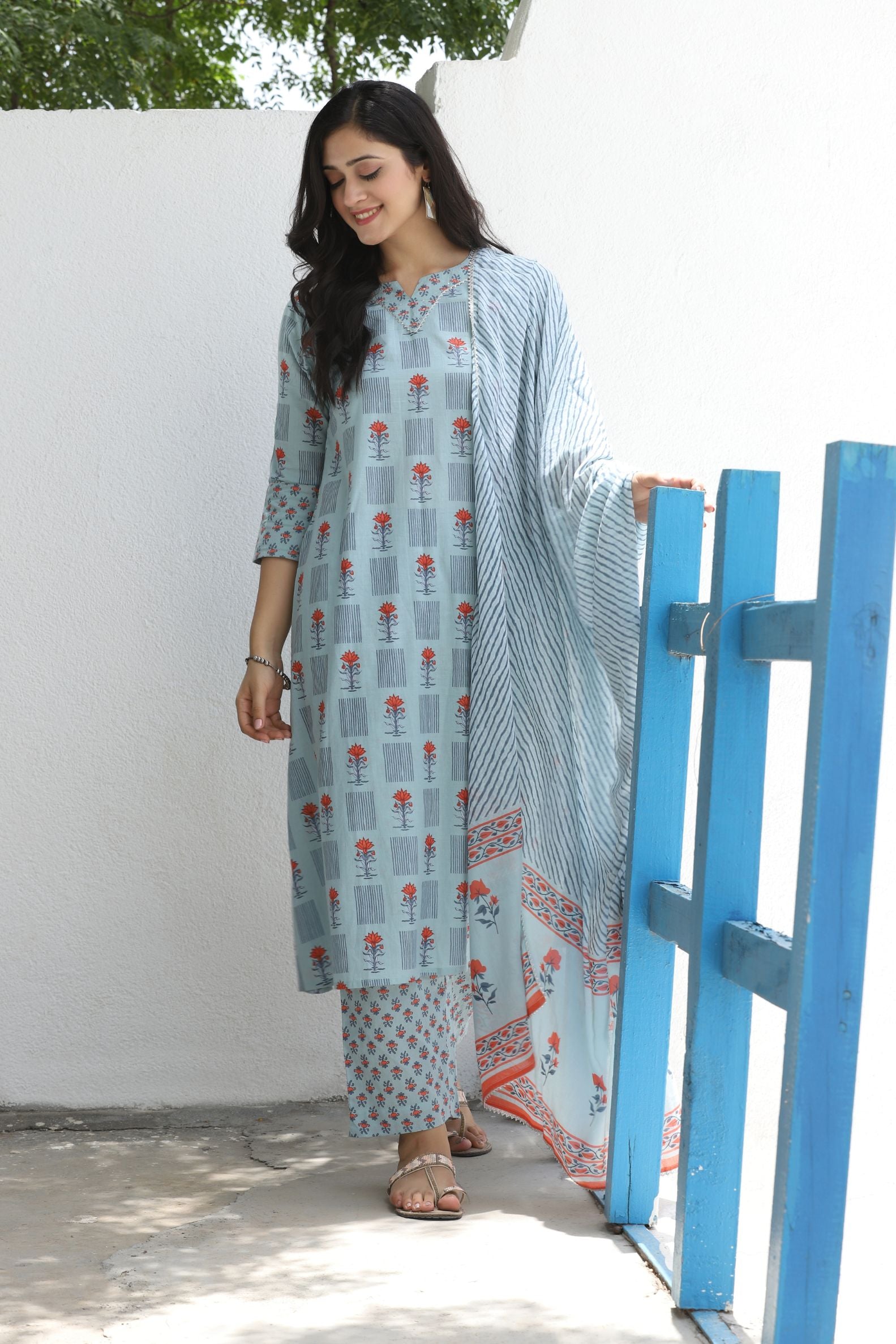 Stylish Cotton Blue Floral Printed Kurta With Pant And Dupatta Set For Women