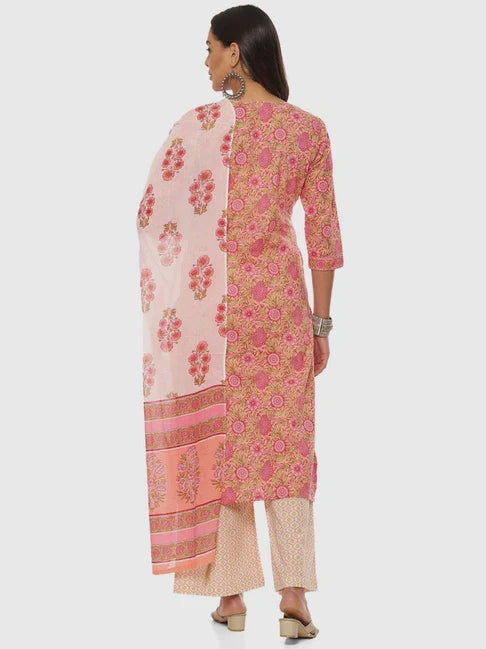 Stylish Cotton Yellow Floral Printed Kurta With Pant And Dupatta Set For Women