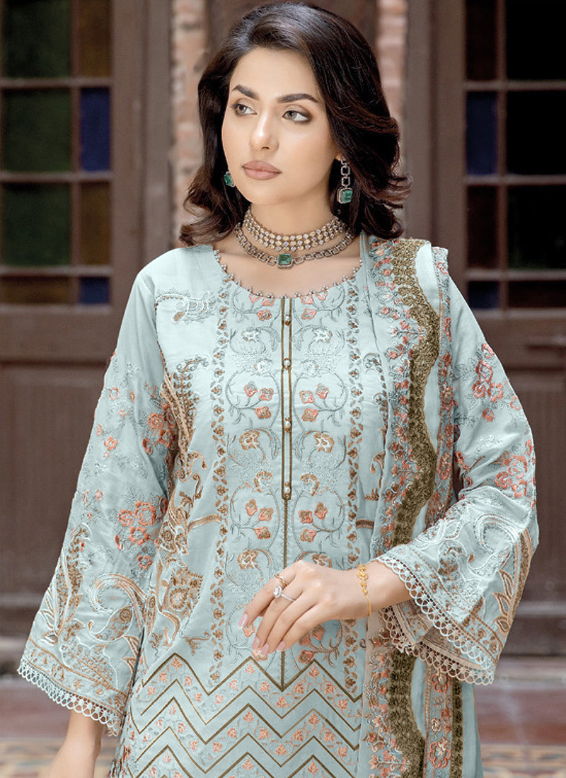 Elegant Blue Georgette Embroidered Unstitched Dress Material With Duppatta For Women