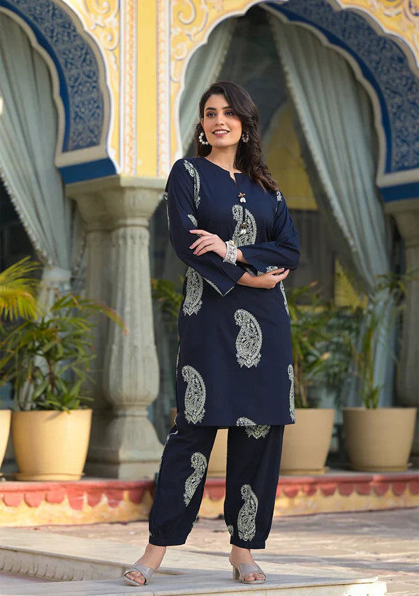 Navy Cotton Paisley Print Kurta Hem Cuffed Pant set