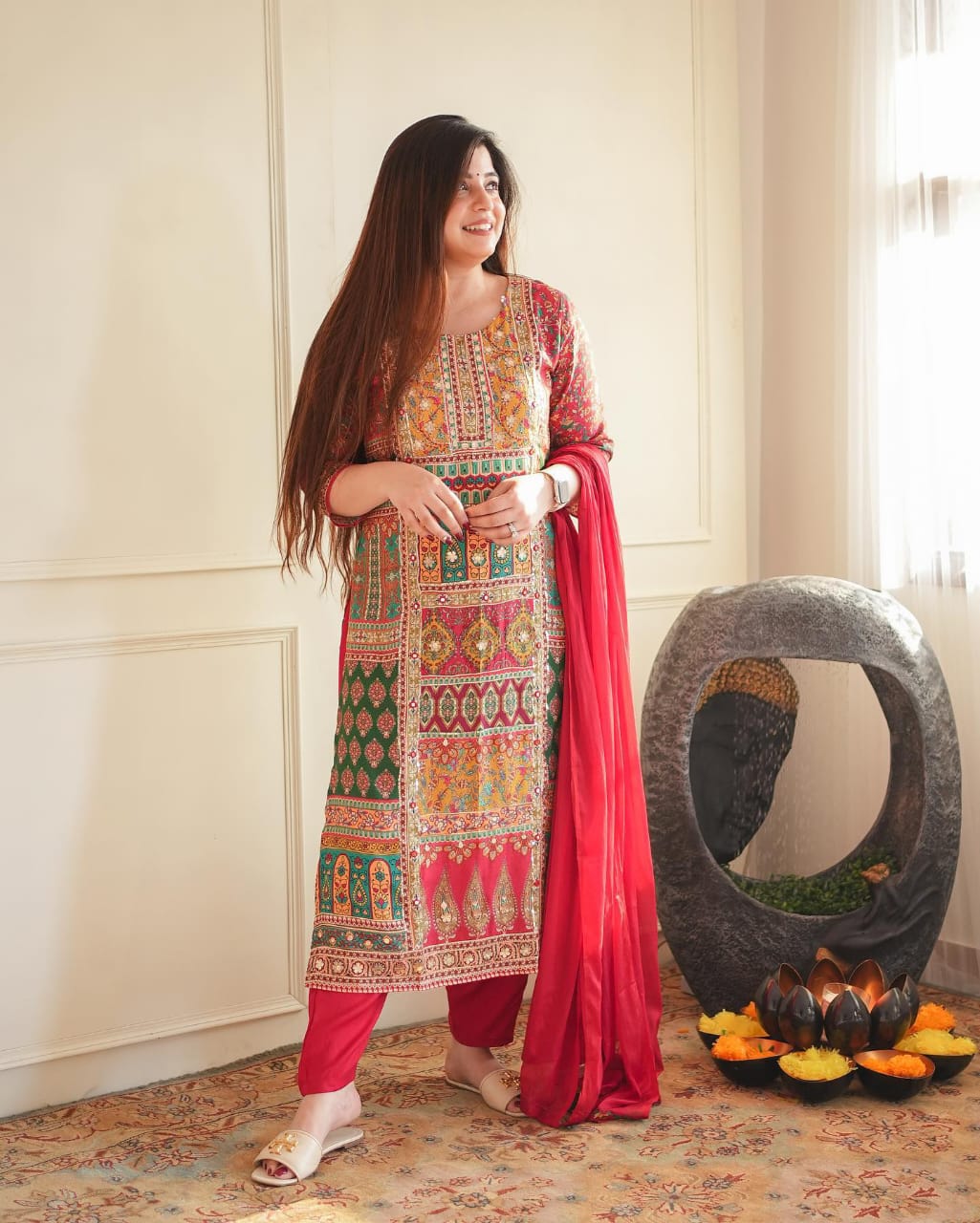 Heavy Khatli Embroidered Suit Set with Zari Weaving and Lace Dupatta