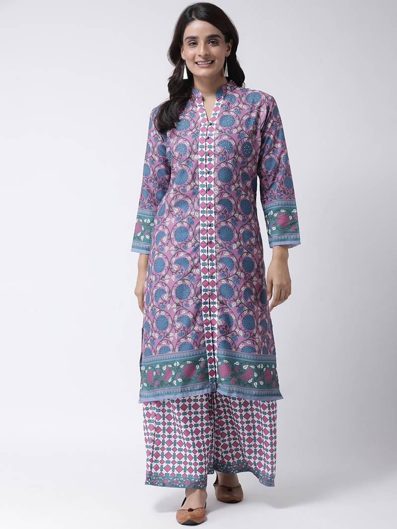 Printed Rayon Mandarin Women's Kurta Palazzo Set