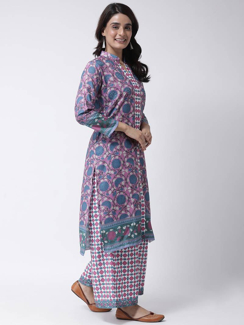 Printed Rayon Mandarin Women's Kurta Palazzo Set