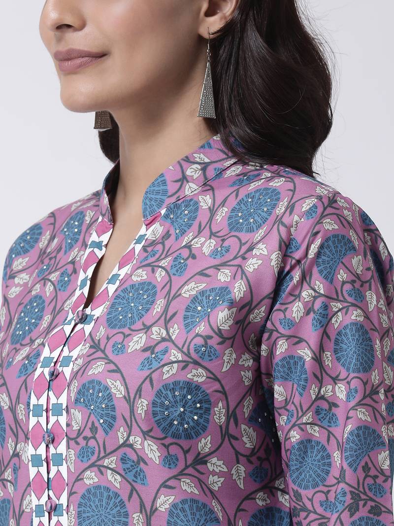 Printed Rayon Mandarin Women's Kurta Palazzo Set