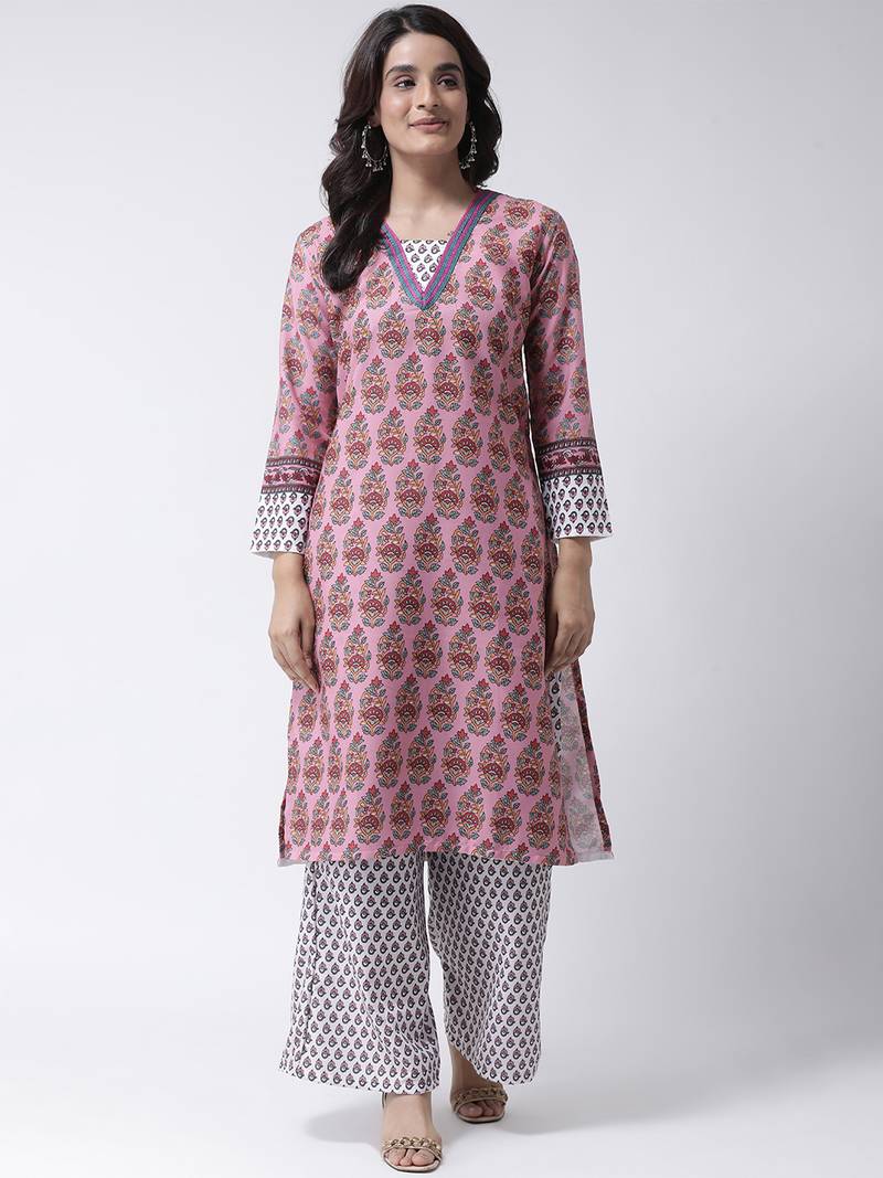 Pink Rayon Kurta, Bottom and Dupatta Set