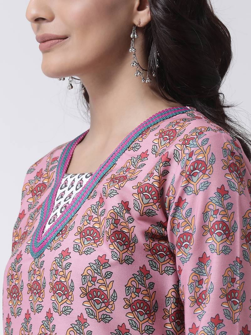 Pink Rayon Kurta, Bottom and Dupatta Set