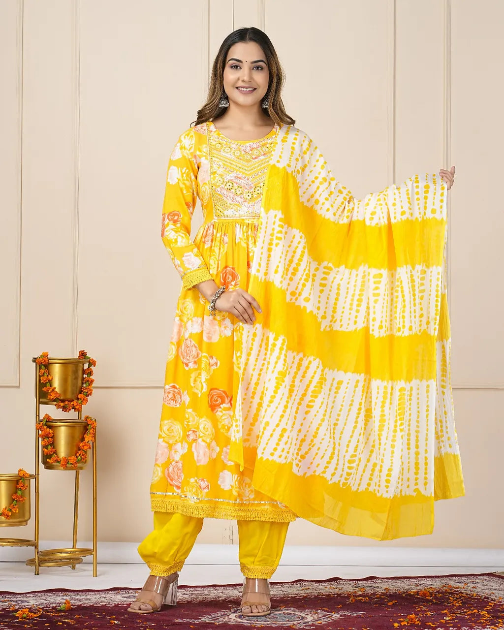 Beautiful Cotton Yellow Printed Kurta Pant And Dupatta Set For Women