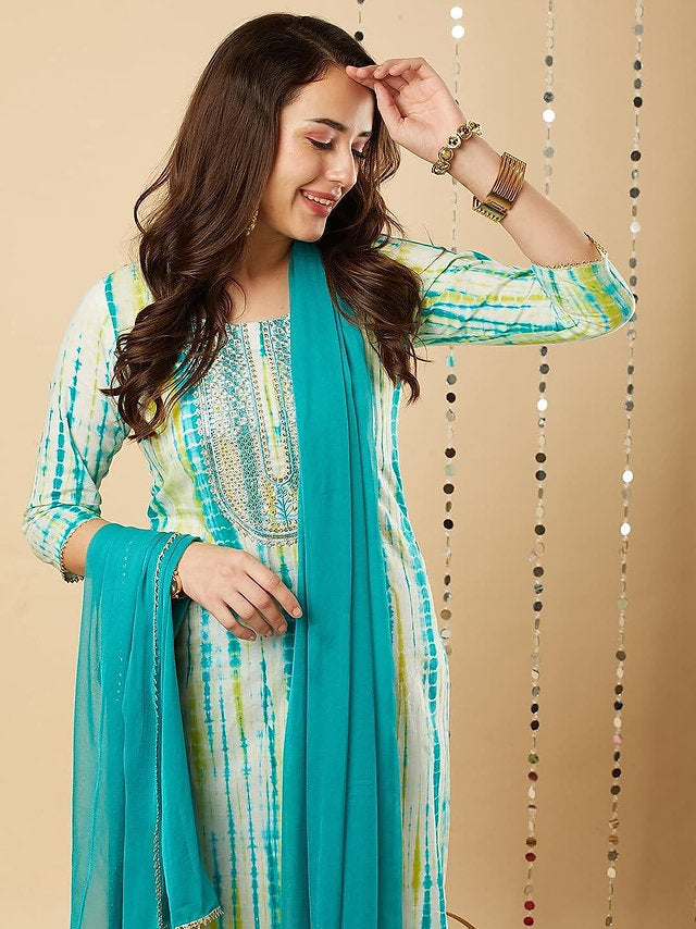 Blue Rayon Tie Dye Print Embroidered Kurta With Pant And Dupatta