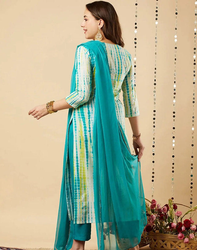 Blue Rayon Tie Dye Print Embroidered Kurta With Pant And Dupatta