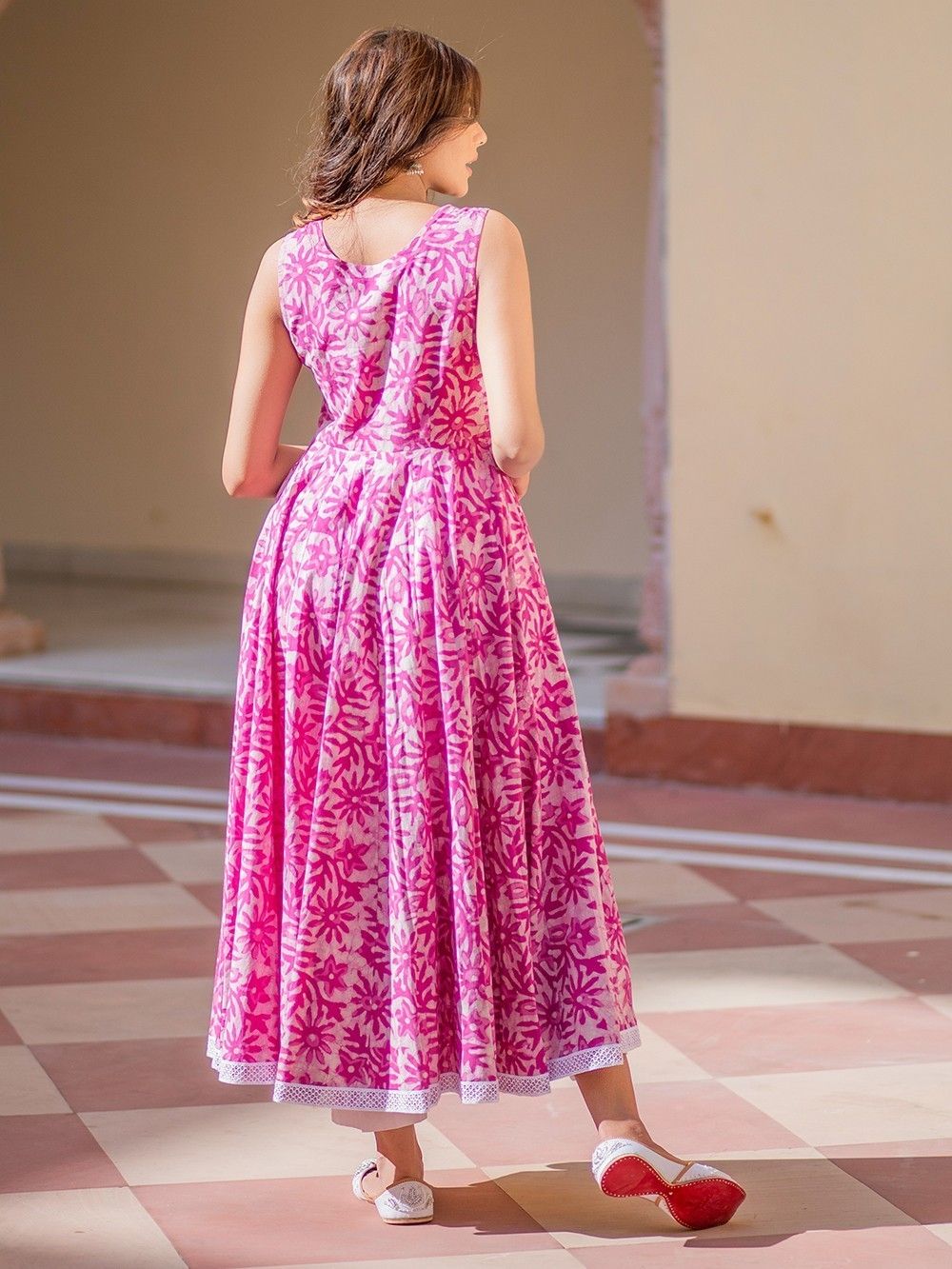 Pink White Dabu Hand Block Printed Cotton Anarkali Suit