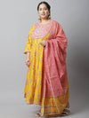 Women Cotton Printed Plus Size Kurta with Dupatta Yellow & Pink