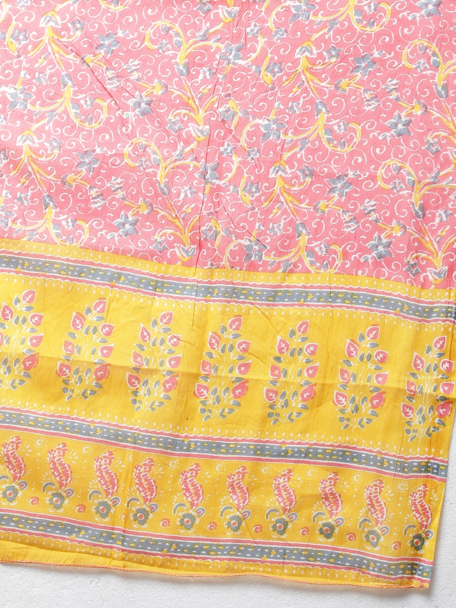 Women Cotton Printed Plus Size Kurta with Dupatta Yellow & Pink