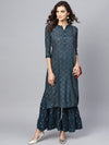 Women's Pure Cotton Printed Blue Straight Mirror Embroidery Work Kurta with Palazzo Set