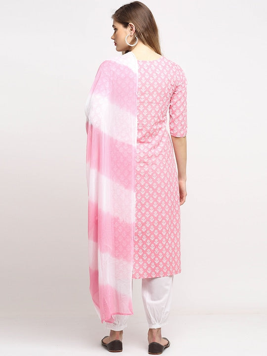 Women Pink Floral Printed Mirror Work Pure Cotton Kurta with Trousers & With Dupatta