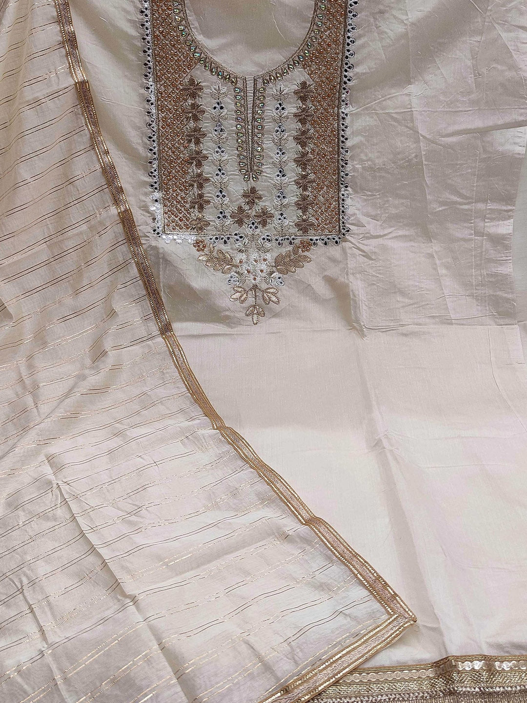 Elegant Off White Chanderi Silk Embroidered Dress Material with Dupatta For Women