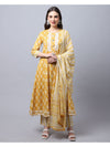 Cambric Cotton Jaipuri Printed Kurta With Dupatta - Mustard