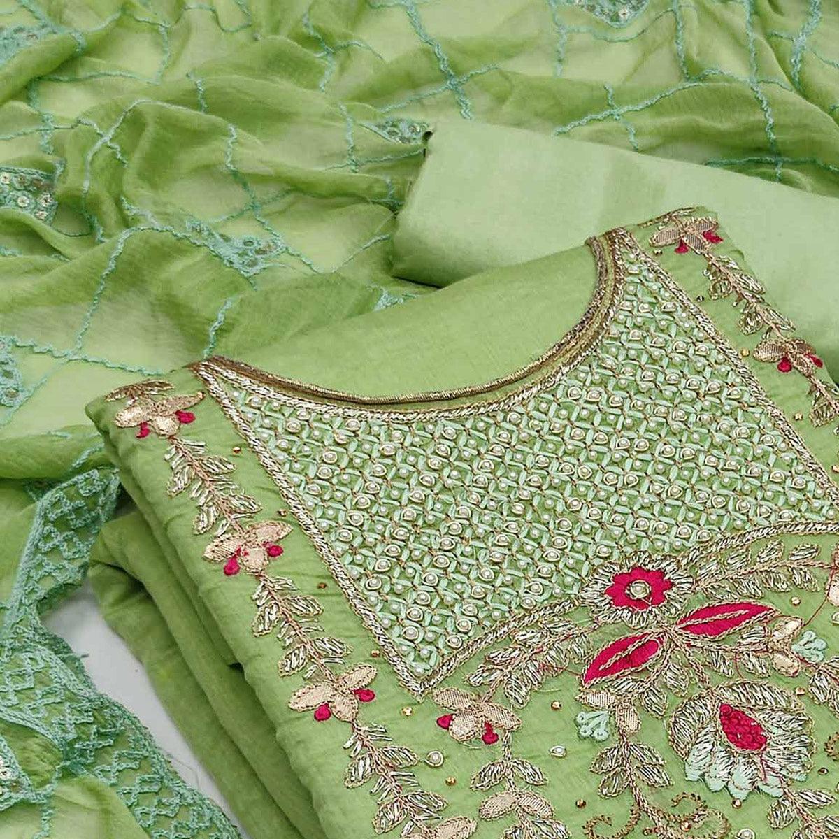 Elegant Chanderi Silk Embroidered Dress Material with Dupatta For Women