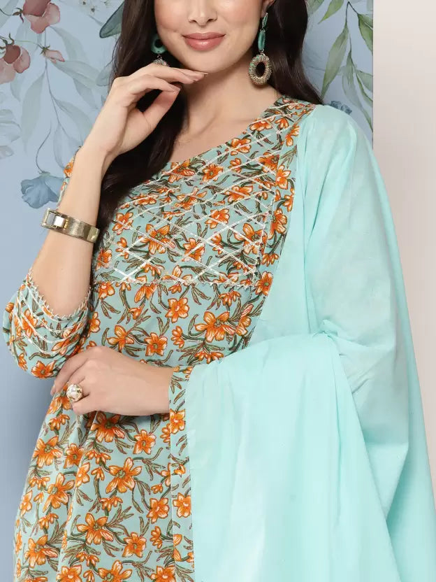 Women Pure Cotton Kurta Sharara Dupatta Set