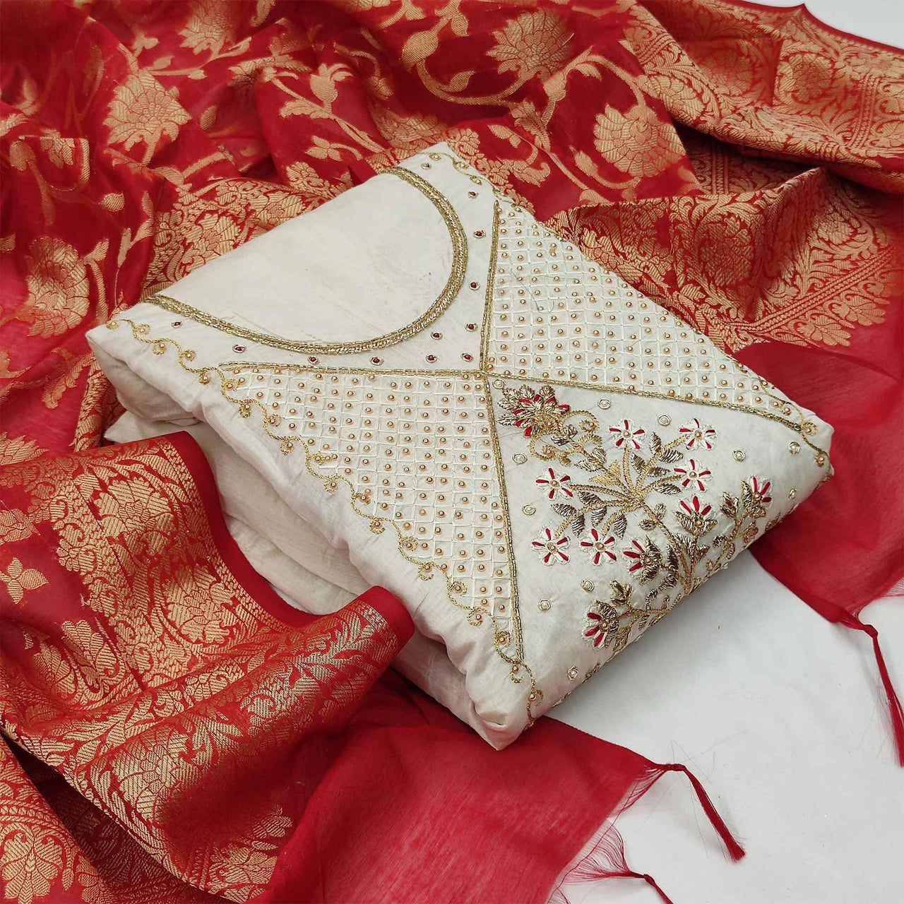 Elegant Beige Festive Wear Embroidered Modal Chanderi Dress Material