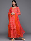 Orange Printed Georgette A-Line Kurta With Sharara & Dupatta