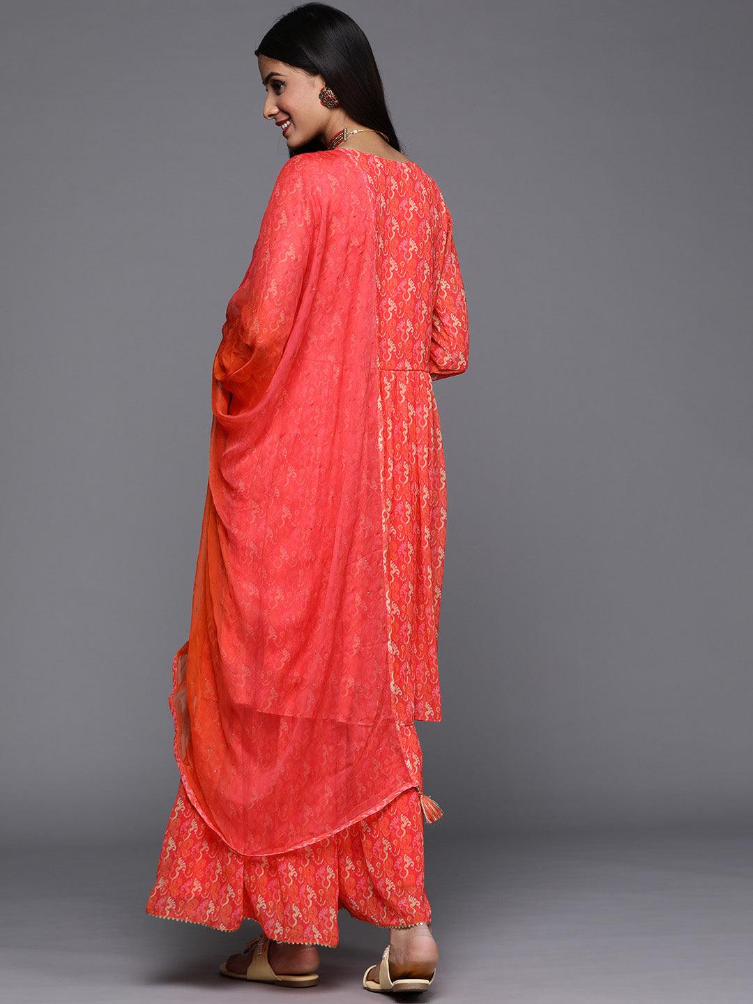 Orange Printed Georgette A-Line Kurta With Sharara & Dupatta