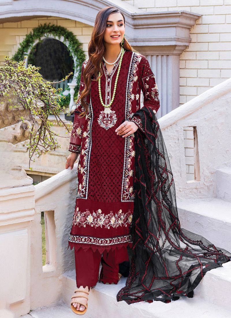 Elegant Maroon Georgette Embroidered Dress Material with Dupatta For Women