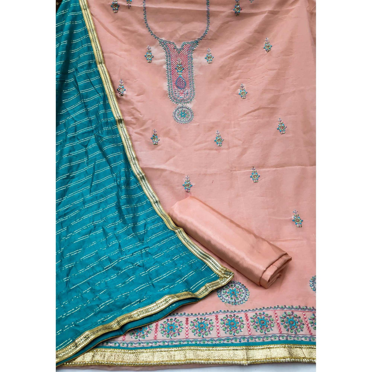 Elegant Peach Modal Chanderi Embroidered Dress Material with Dupatta For Women