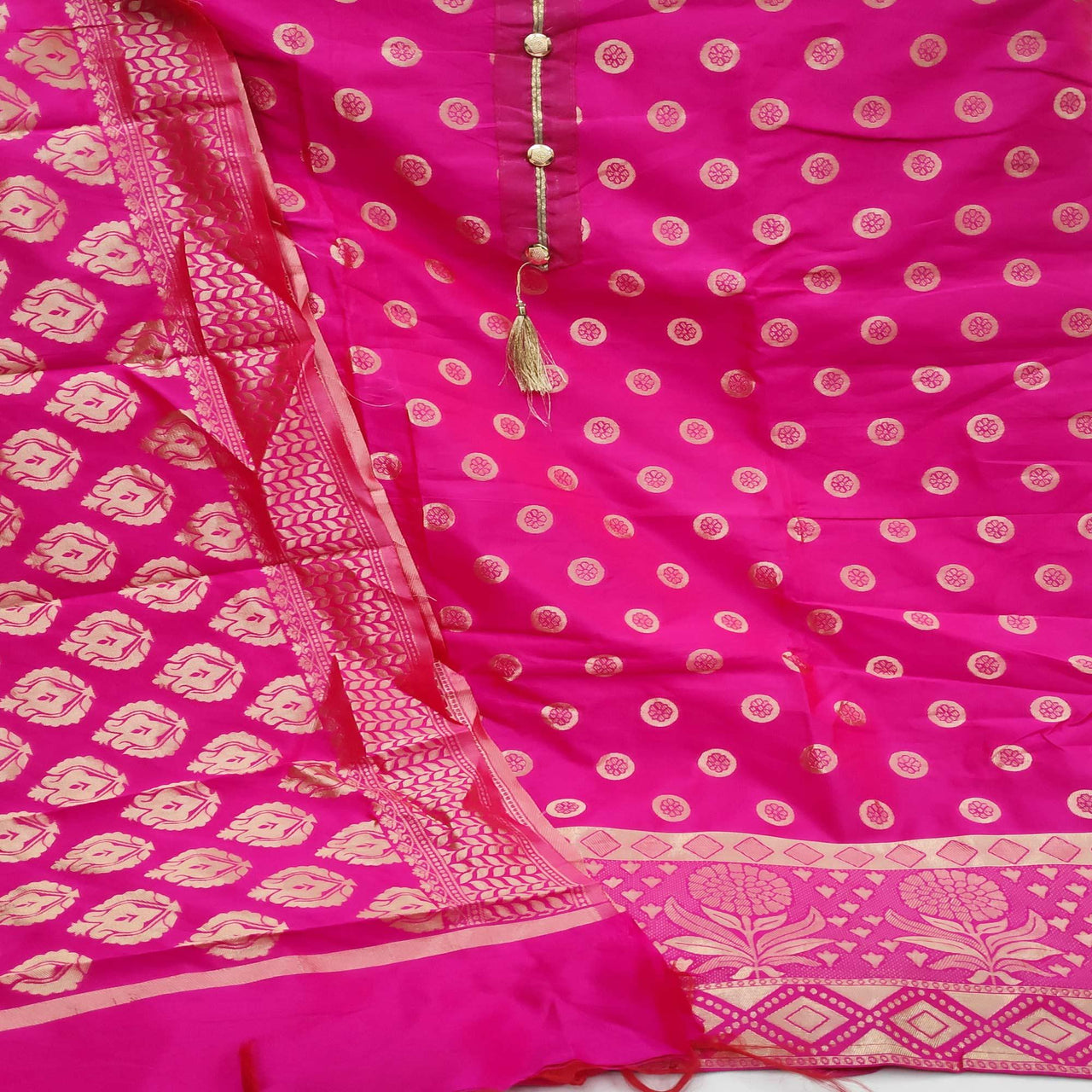 Pink Casual Wear Woven Jacquard Banarasi Silk Dress Material