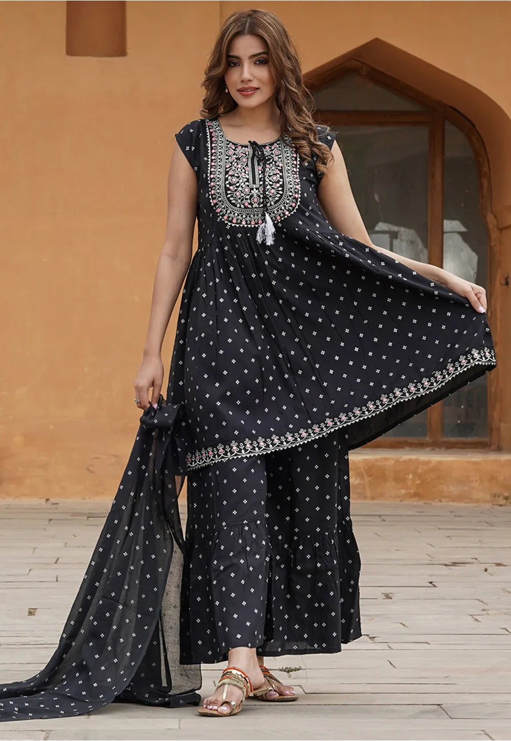 Embroidery work Printed Kurti with Sharara Dupatta Set for Women