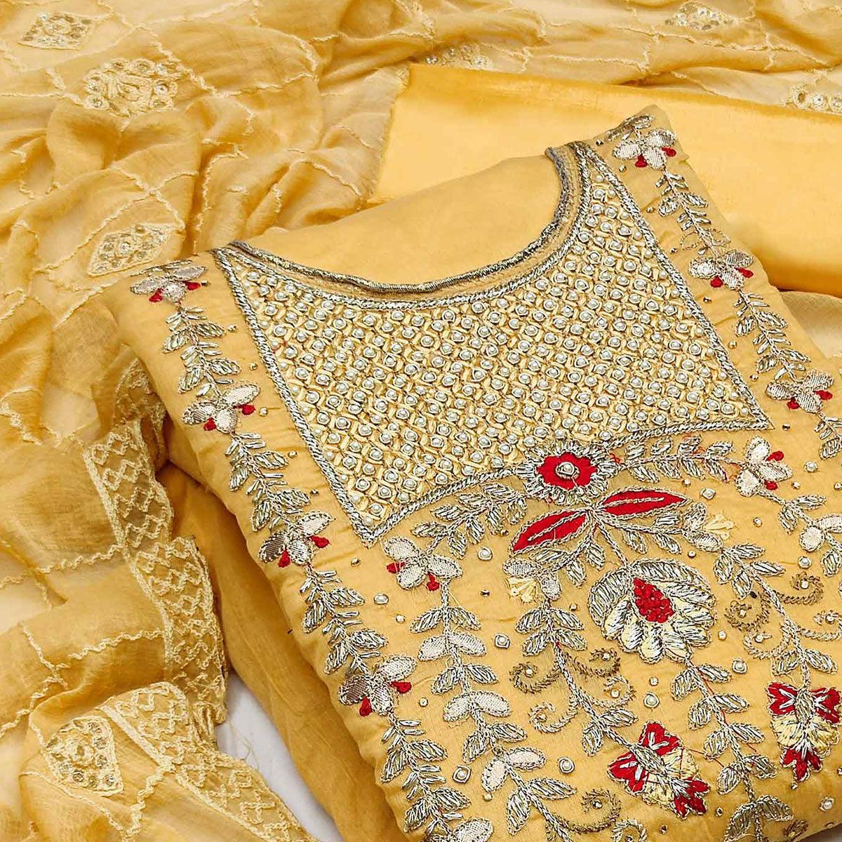 Elegant Chanderi Silk Embroidered Dress Material with Dupatta For Women