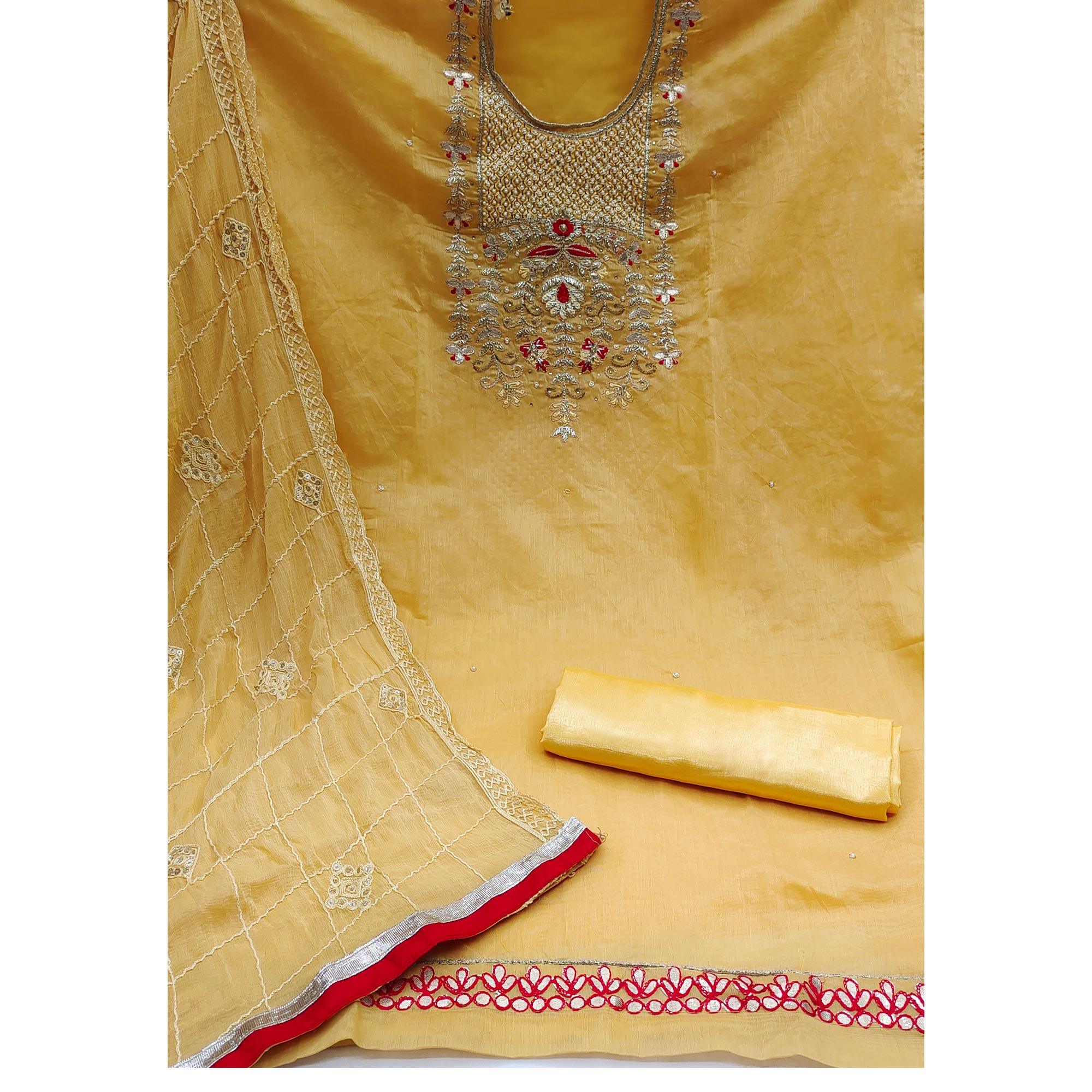 Elegant Chanderi Silk Embroidered Dress Material with Dupatta For Women