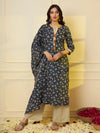 Trendy Blue Floral Print Cotton Straight Kurta Palazzo Set With Dupatta For Women