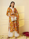 Trendy Yellow Floral Print Cotton Straight Kurta Palazzo Set With Dupatta For Women