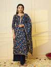 Trendy Blue Floral Print Cotton Straight Kurta Palazzo Set With Dupatta For Women