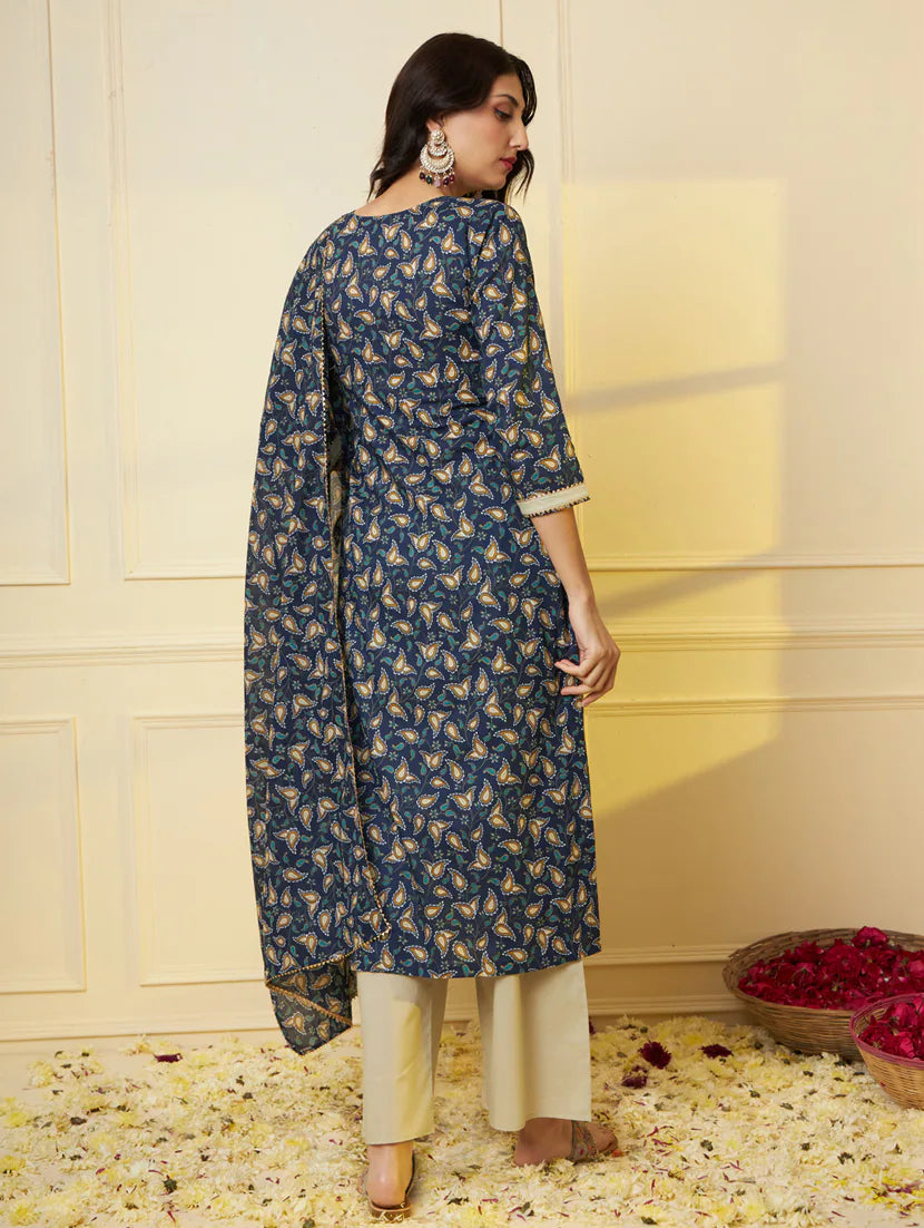 Trendy Blue Floral Print Cotton Straight Kurta Palazzo Set With Dupatta For Women