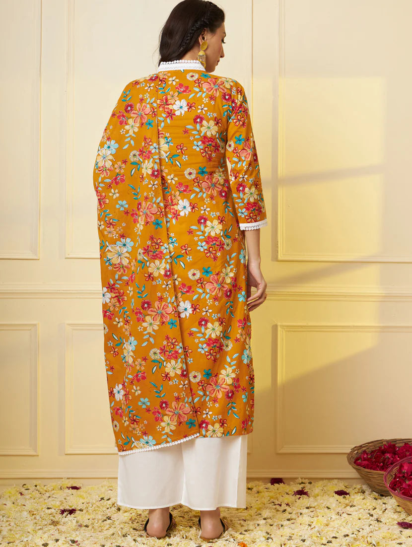 Trendy Yellow Floral Print Cotton Straight Kurta Palazzo Set With Dupatta For Women