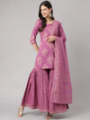 Stylish Purple Cotton Printed Straight Kurta, Bottom and Dupatta Set